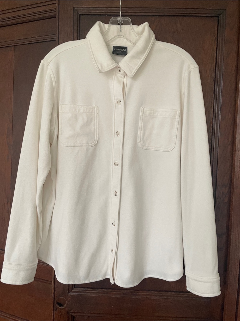 32 Degrees Heat Micro Fleece Long Sleeve Button Up Shirt Top Ivory White